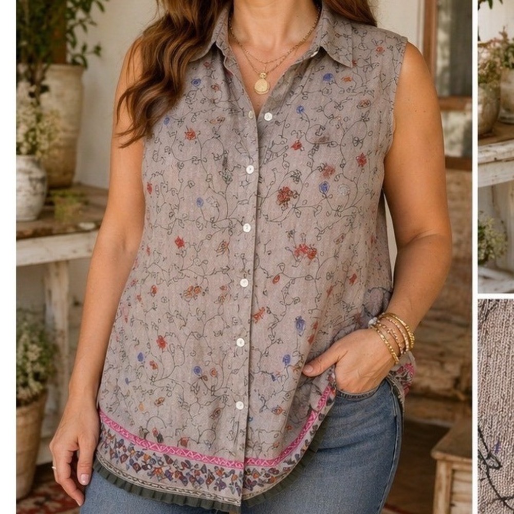 Parisian Works Womens 24W Cotton Linen Floral Embroidered Sleeveless Shirt Taupe
